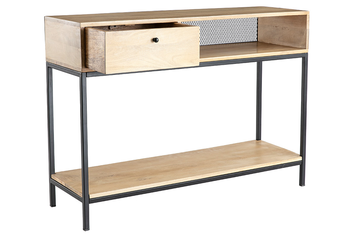 Console industrielle avec rangements 1 tiroir et 1 niche en bois clair manguier massif et mtal noir L110 cm RACK