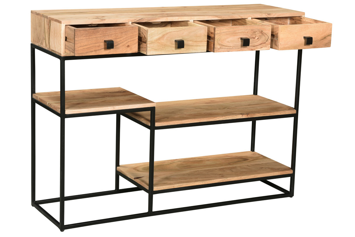 Console industrielle avec rangements 4 tiroirs en bois massif et mtal noir L115 cm GRENELLE