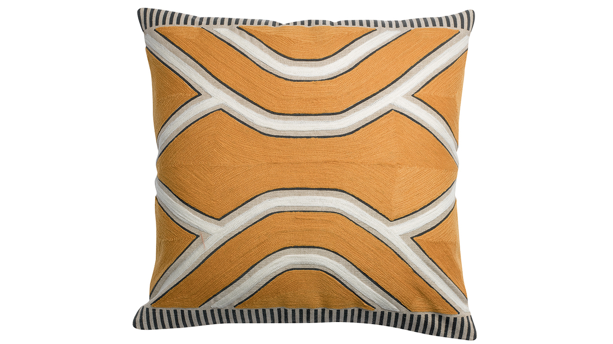 Coussin carr dco brod ethnique jaune ocre 45 x 45 cm YELO