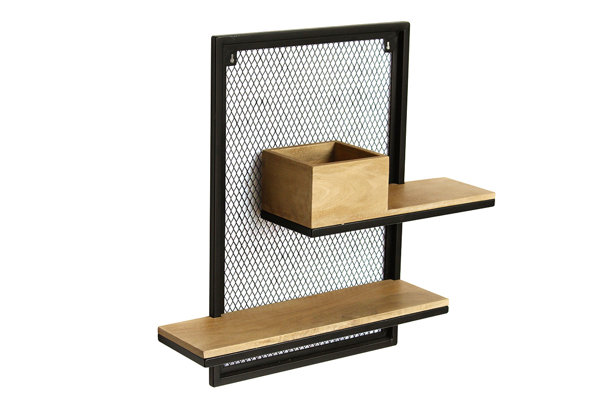 Etagre murale double en bois manguier massif et mtal noir L40 cm RACK