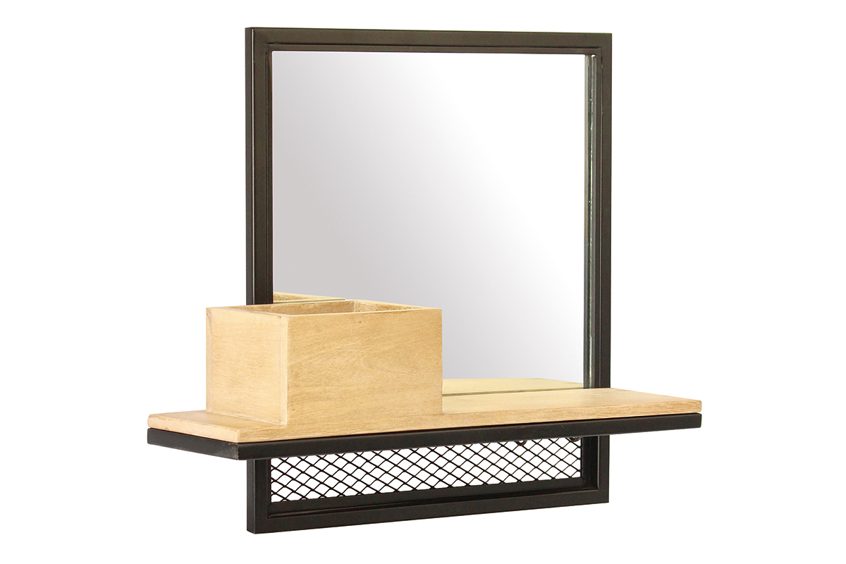 Etagre murale industrielle avec miroir en mtal et manguier massif L50 cm RACK