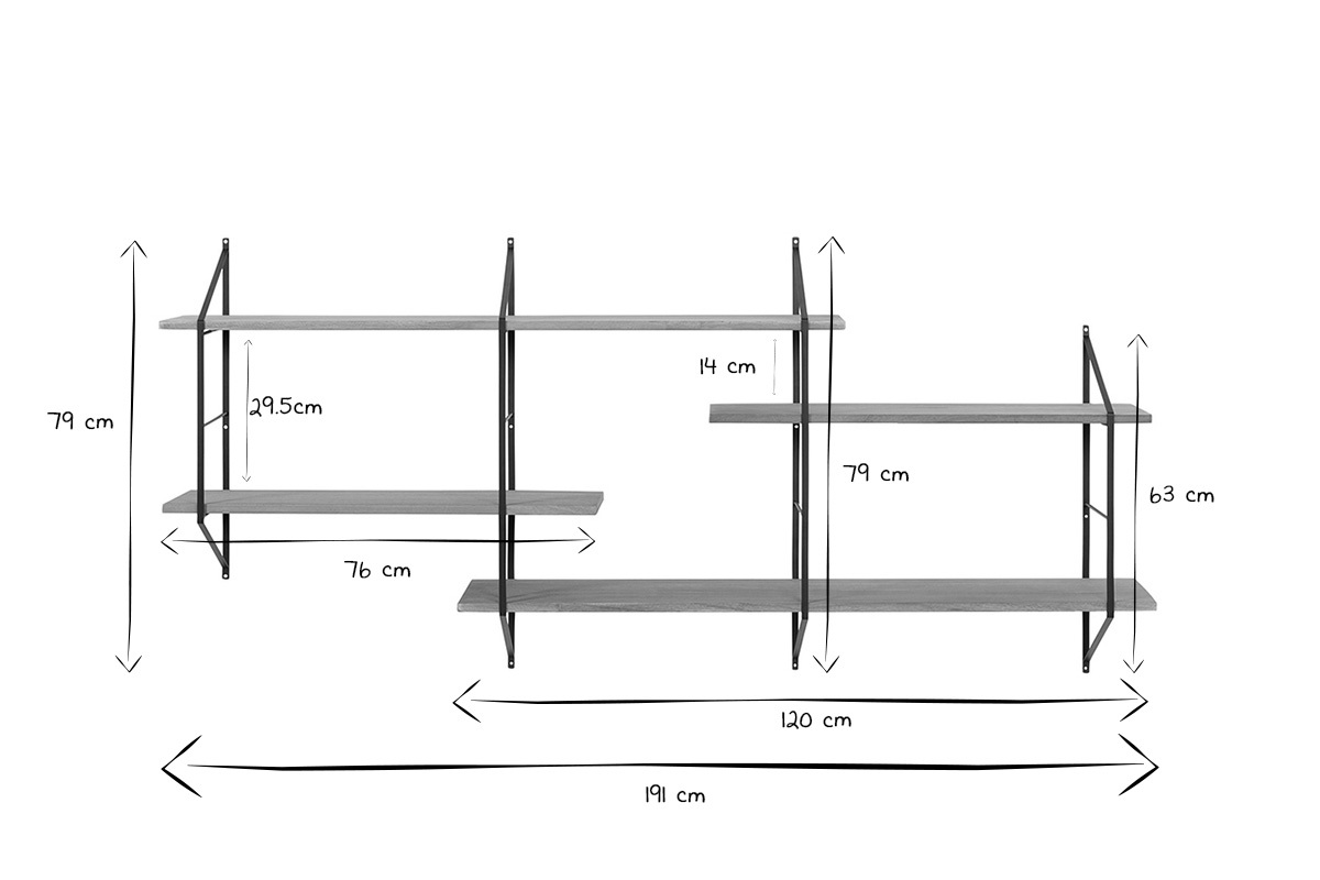 Etagre murale XL modulable en bois clair et mtal noir L191 cm BRIDGE