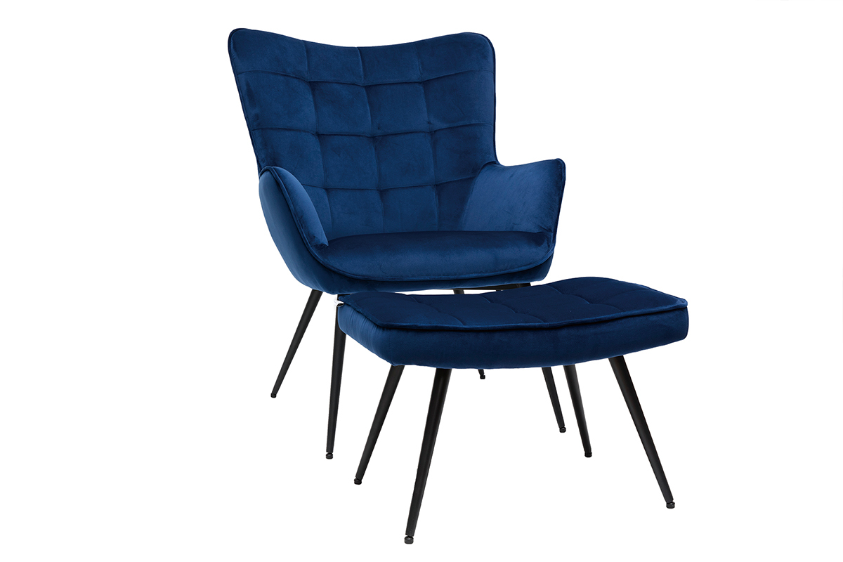 Fauteuil avec repose-pieds design en tissu velours bleu fonc et mtal noir MOOD