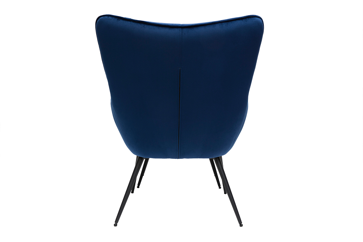 Fauteuil avec repose-pieds design en tissu velours bleu fonc et mtal noir MOOD