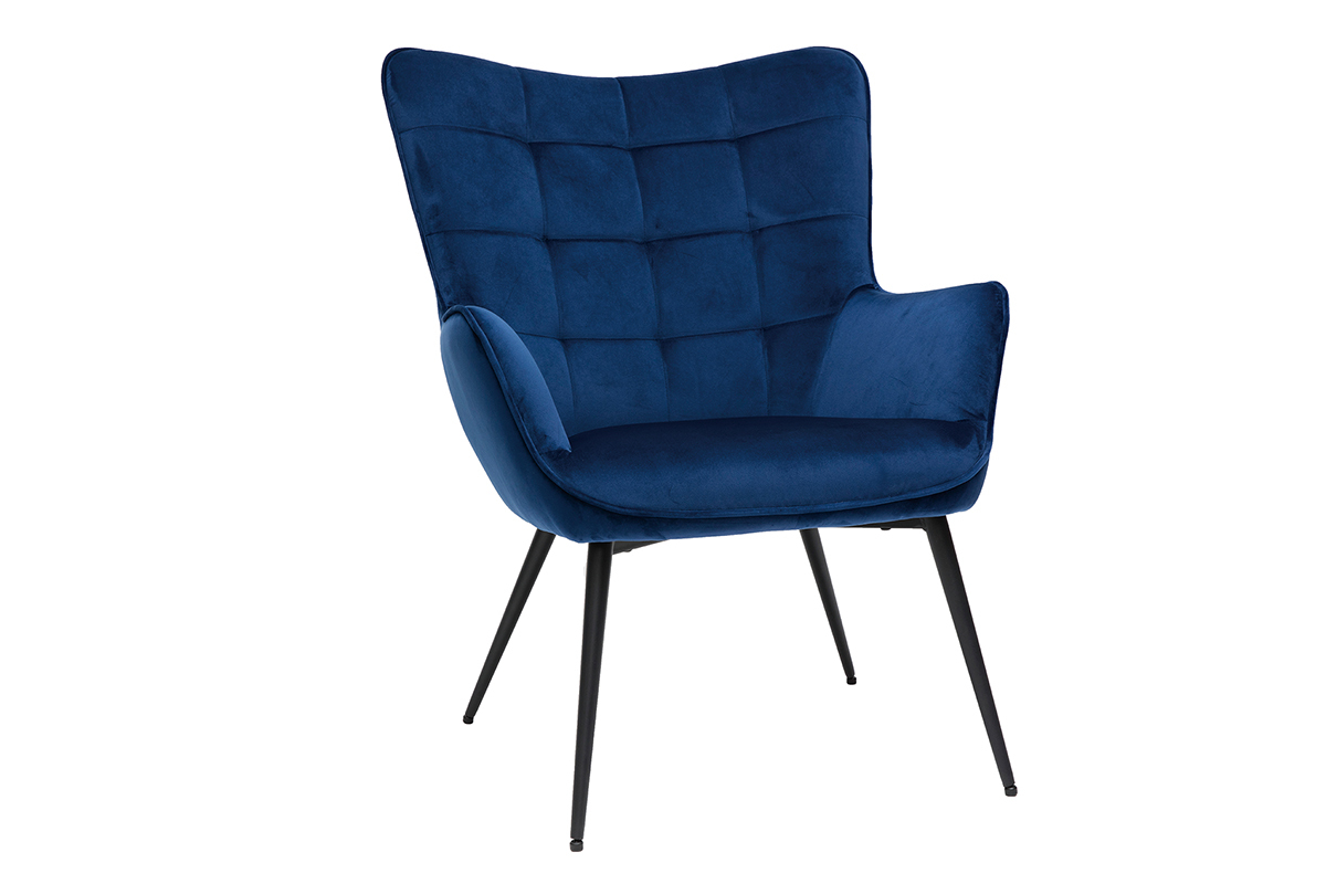 Fauteuil avec repose-pieds design en tissu velours bleu fonc et mtal noir MOOD