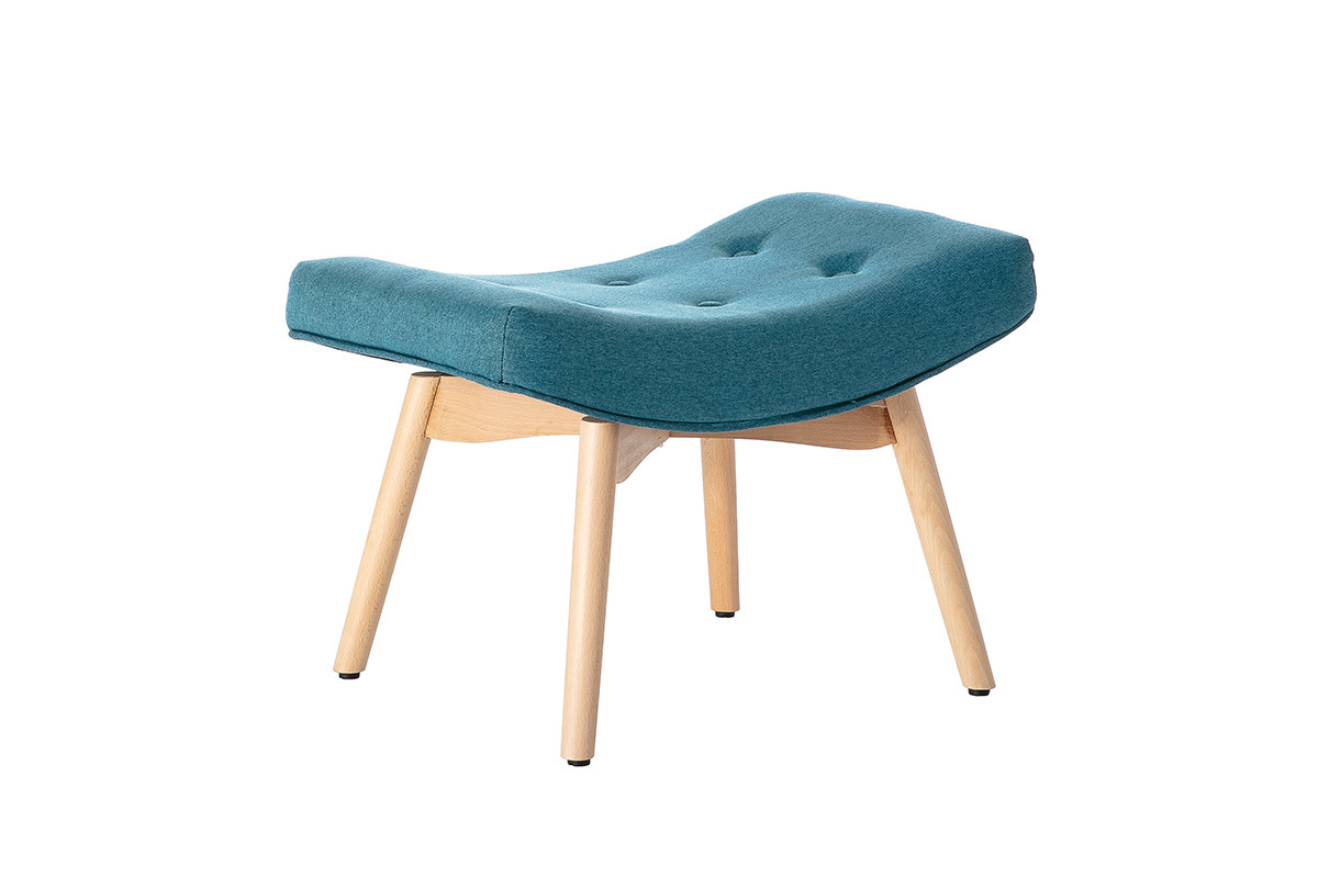 Fauteuil avec repose-pieds scandinave en tissu bleu canard et bois clair BRISTOL