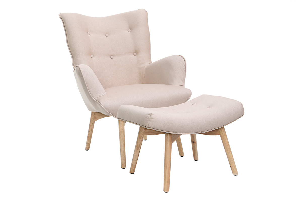 Fauteuil avec repose-pieds scandinave en tissu rose poudr et bois clair BRISTOL