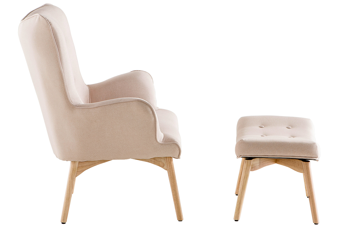 Fauteuil avec repose-pieds scandinave en tissu rose poudr et bois clair BRISTOL