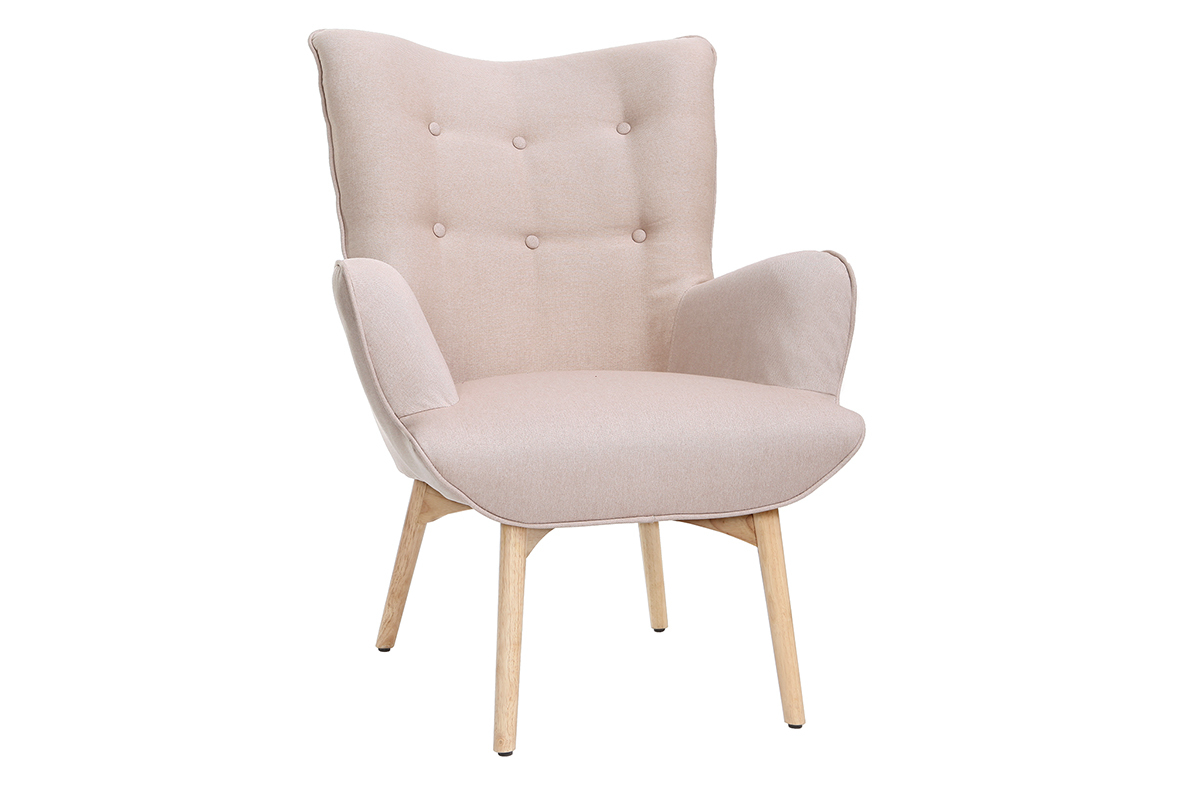 Fauteuil avec repose-pieds scandinave en tissu rose poudr et bois clair BRISTOL