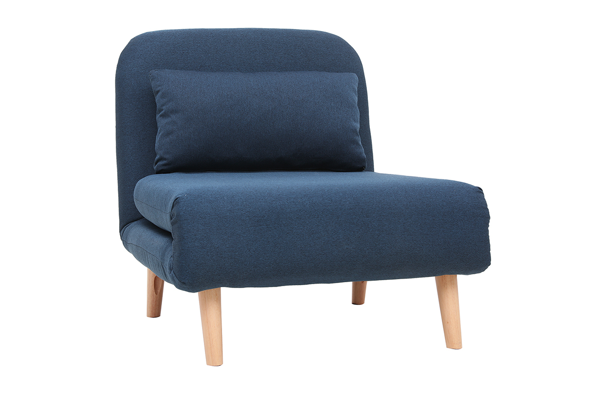 Fauteuil convertible scandinave en tissu bleu fonc et bois clair AMIKO