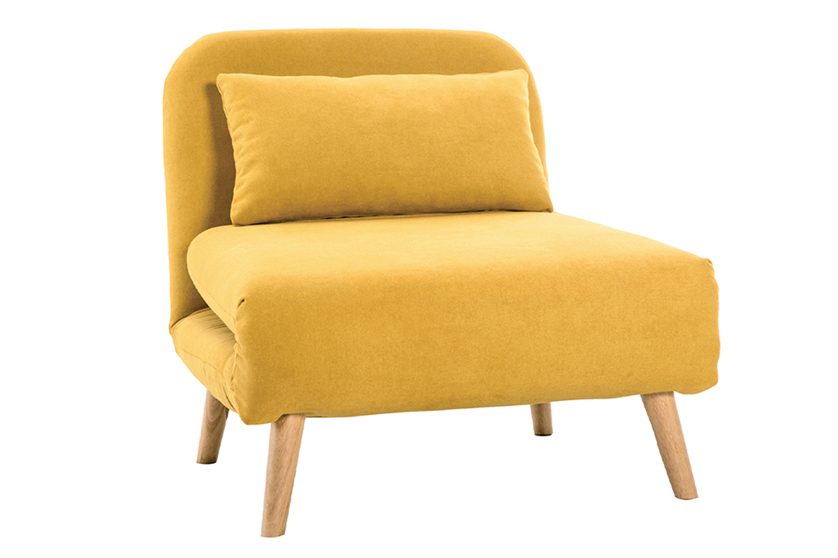 Fauteuil convertible scandinave en tissu effet velours jaune moutarde et bois clair AMIKO