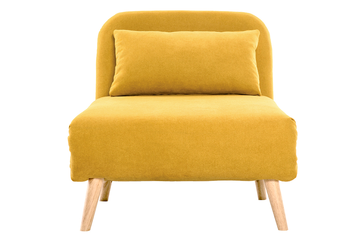 Fauteuil convertible scandinave en tissu effet velours jaune moutarde et bois clair AMIKO