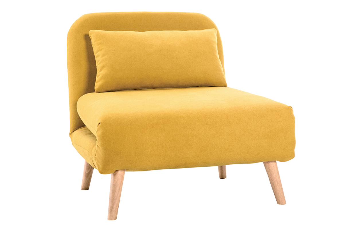 Fauteuil convertible scandinave en tissu effet velours jaune moutarde et bois clair AMIKO