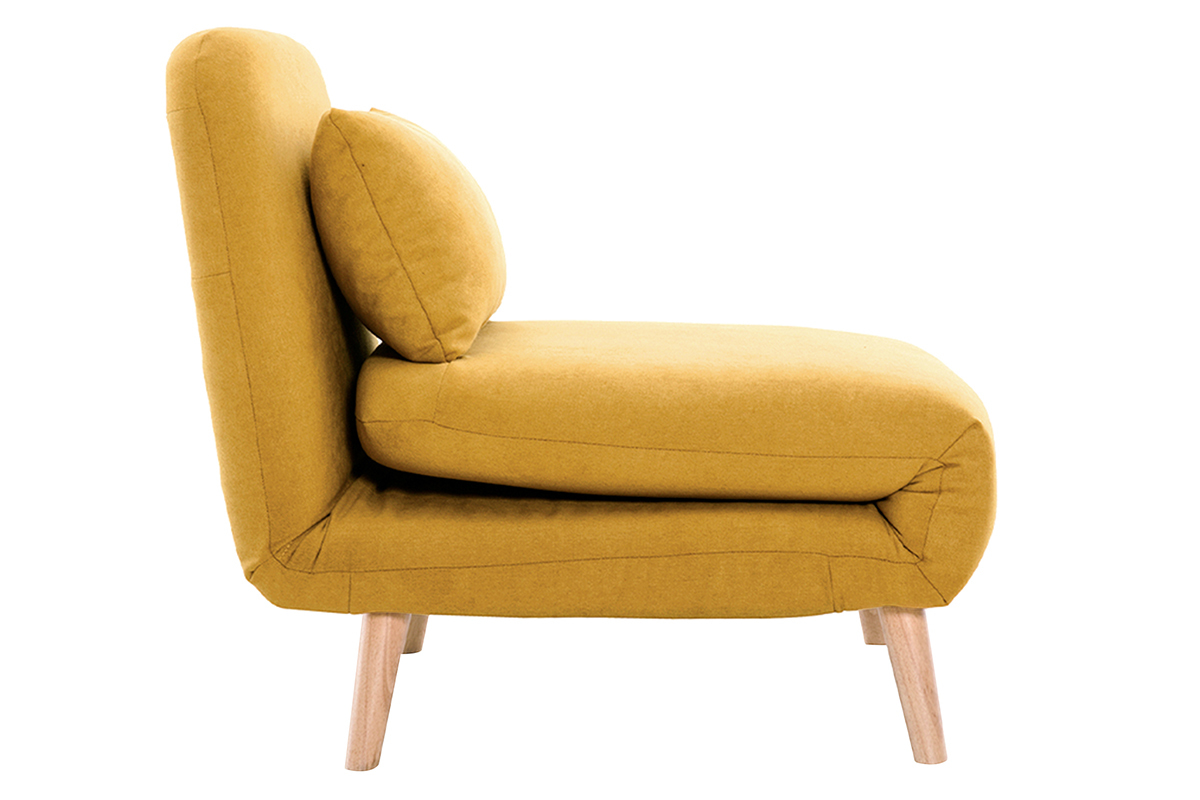 Fauteuil convertible scandinave en tissu effet velours jaune moutarde et bois clair AMIKO