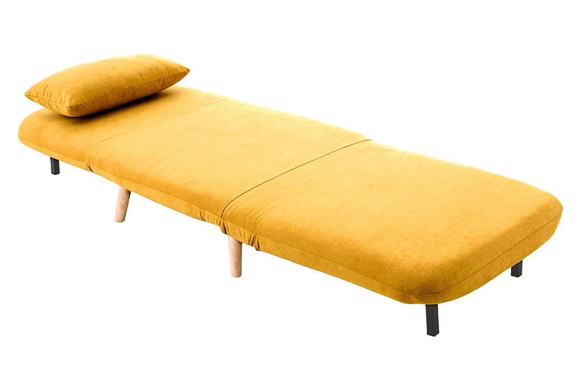 Fauteuil convertible scandinave en tissu effet velours jaune moutarde et bois clair AMIKO