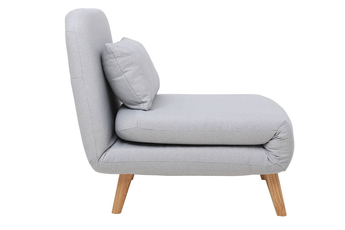 Fauteuil convertible scandinave en tissu gris clair et bois clair AMIKO