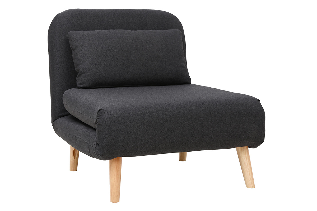 Fauteuil convertible scandinave en tissu gris fonc et bois noir AMIKO