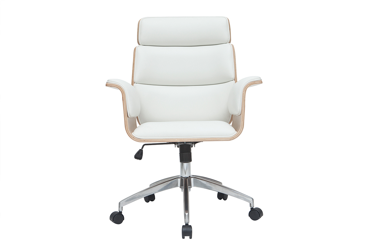 Fauteuil de bureau  roulettes design blanc, bois clair et acier chrom ELON