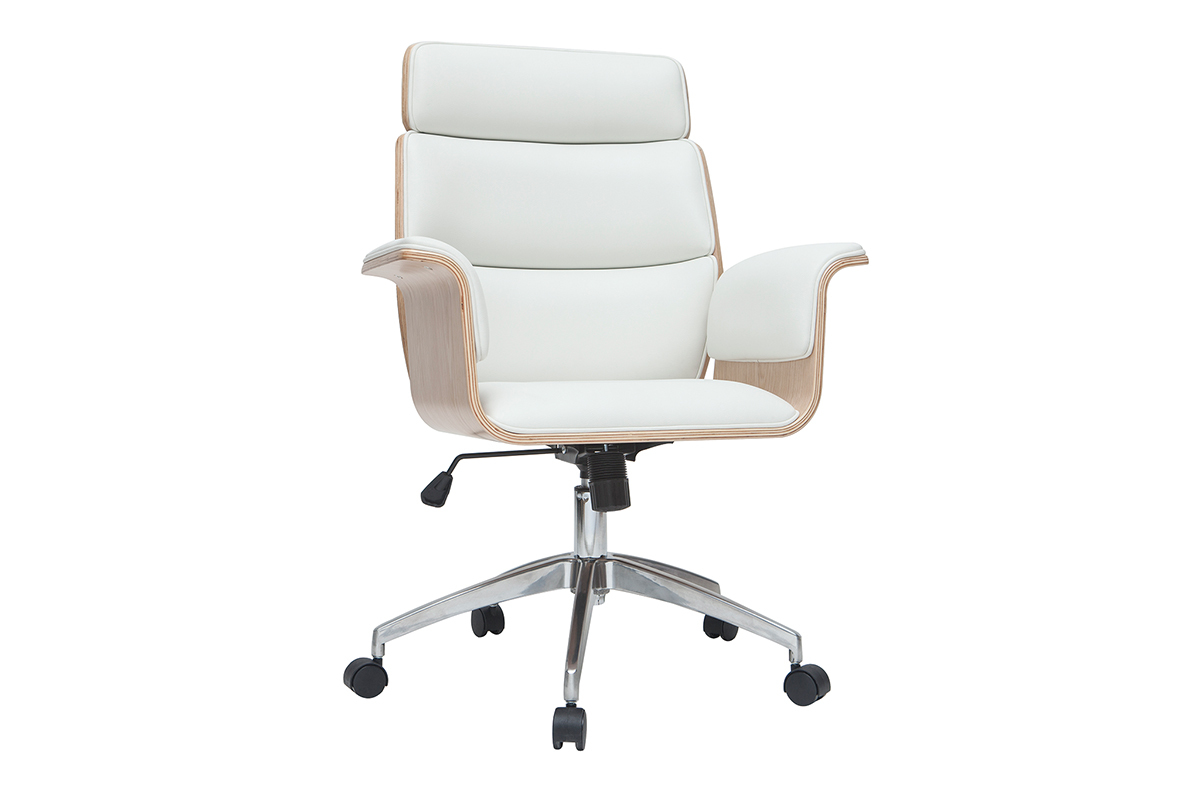 Fauteuil de bureau  roulettes design blanc, bois clair et acier chrom ELON