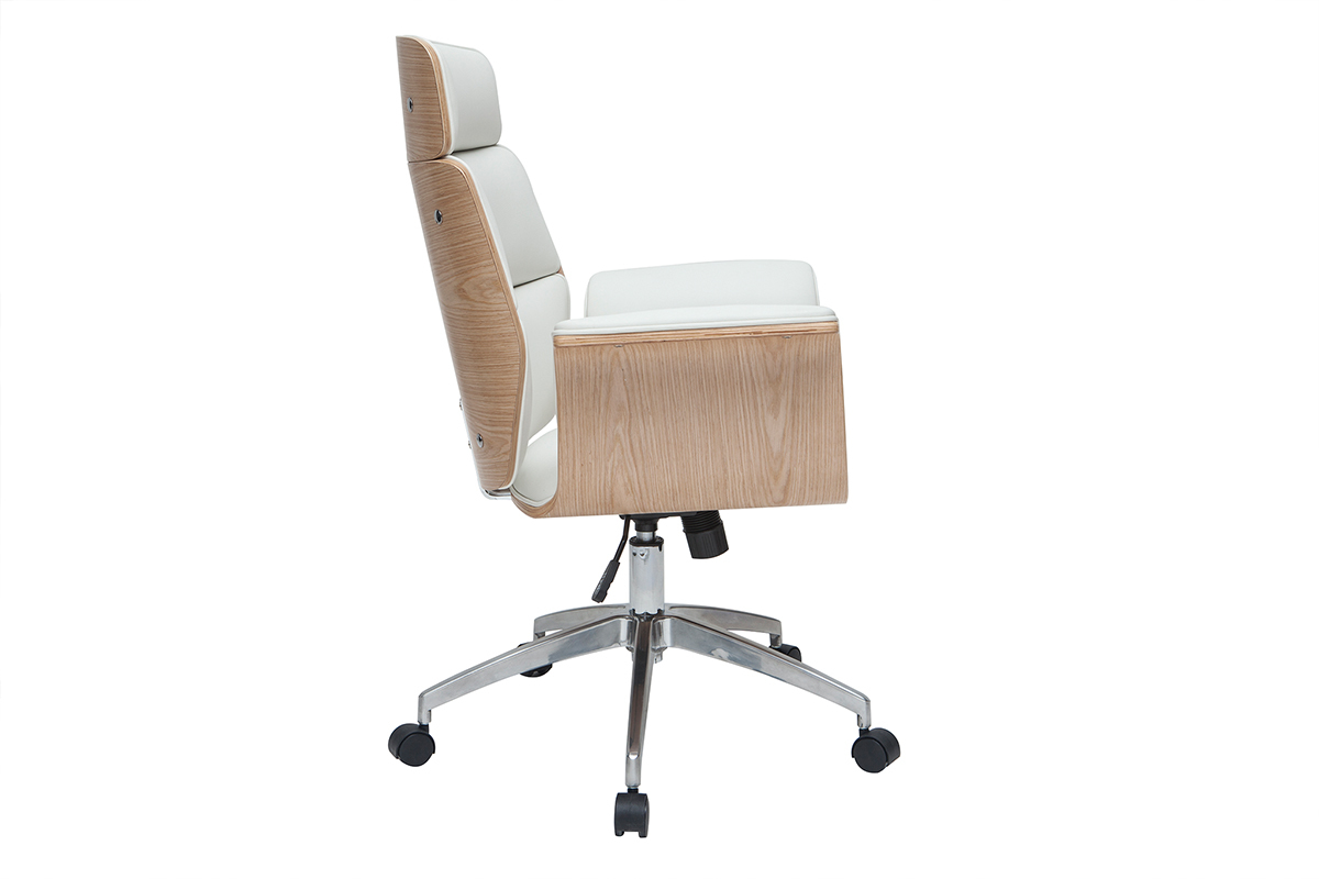 Fauteuil de bureau  roulettes design blanc, bois clair et acier chrom ELON