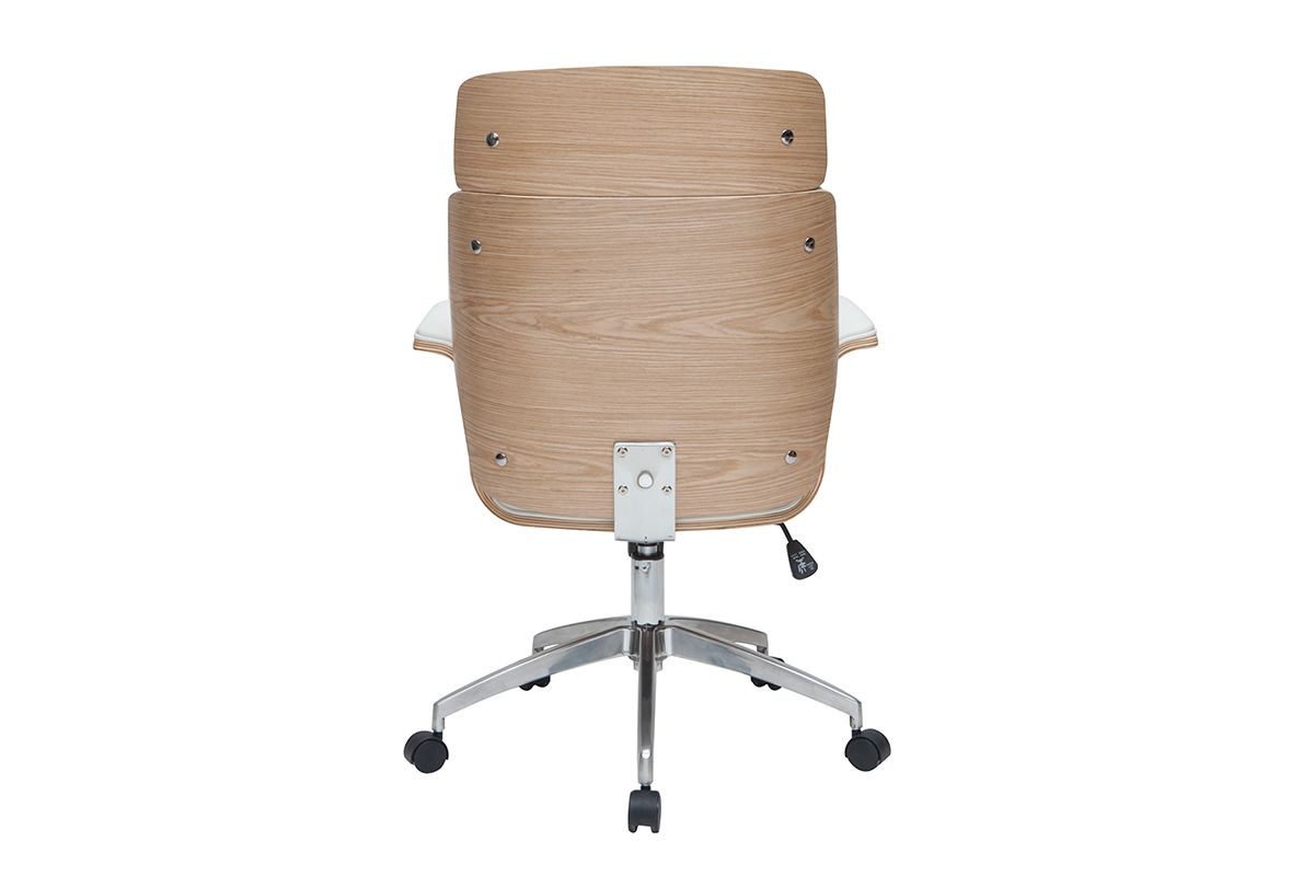 Fauteuil de bureau  roulettes design blanc, bois clair et acier chrom ELON