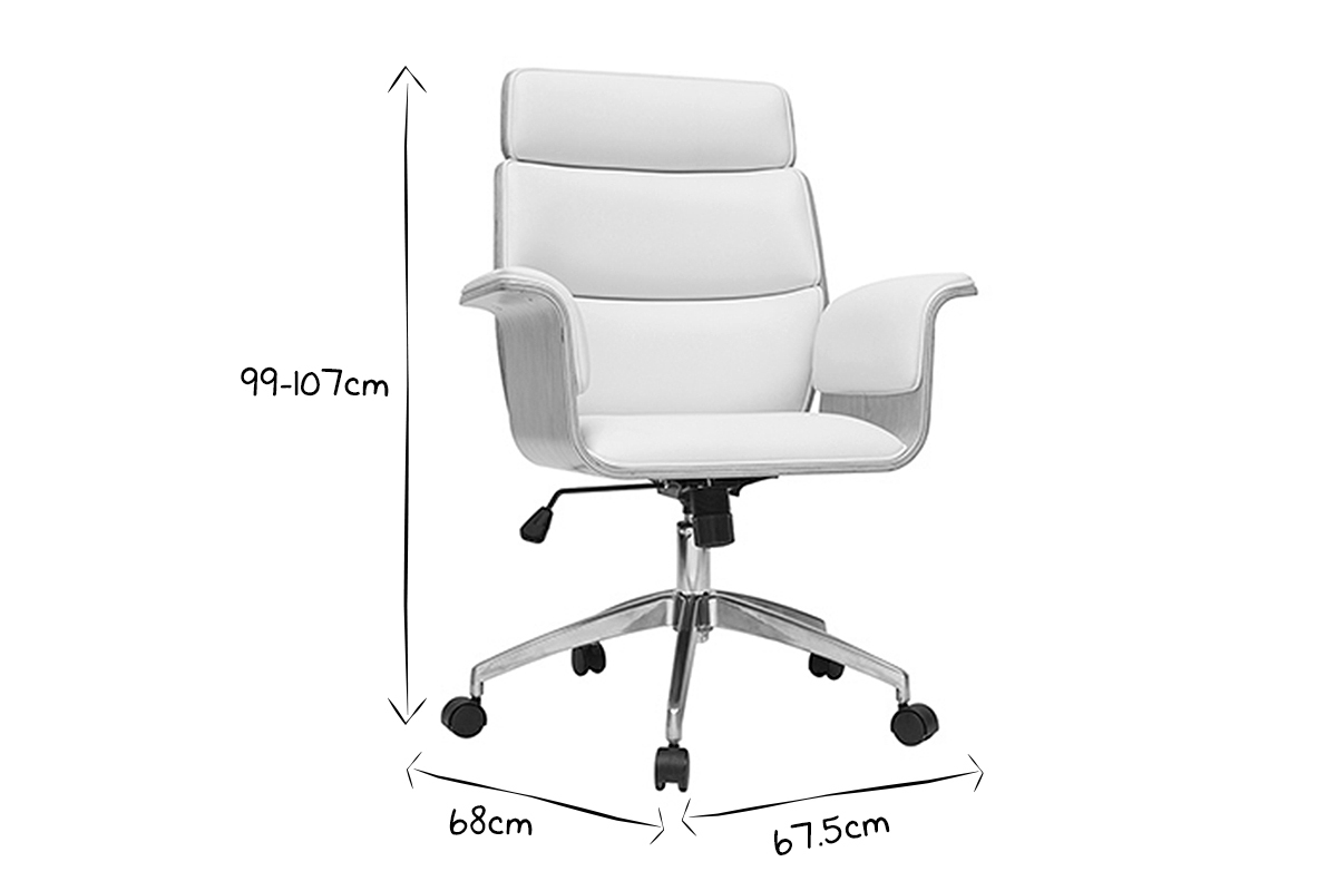 Fauteuil de bureau  roulettes design blanc, bois clair et acier chrom ELON