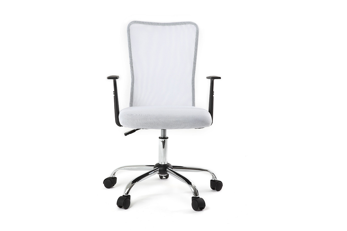 Fauteuil de bureau  roulettes design en mesh blanc et acier chrom PLUZ