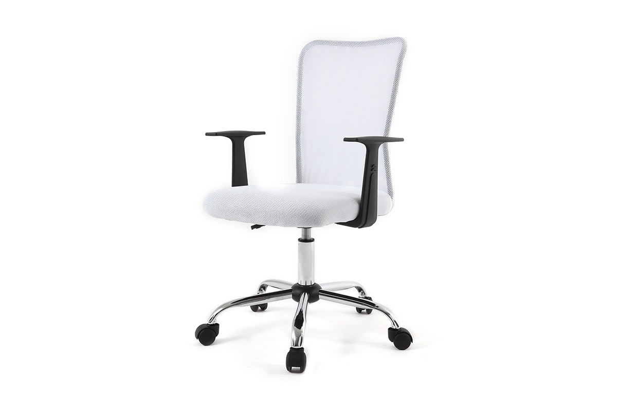 Fauteuil de bureau  roulettes design en mesh blanc et acier chrom PLUZ