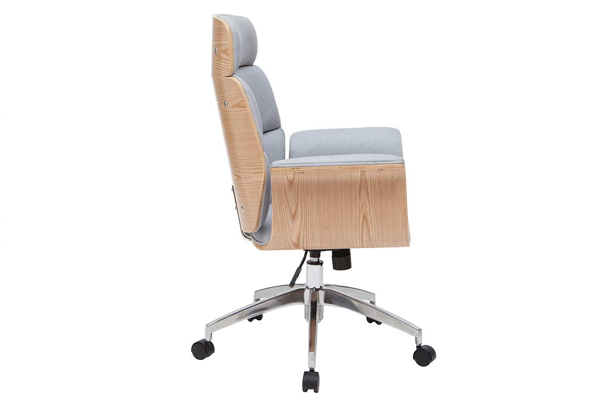 Fauteuil de bureau  roulettes design en tissu gris clair, bois clair et achier chrom ELON