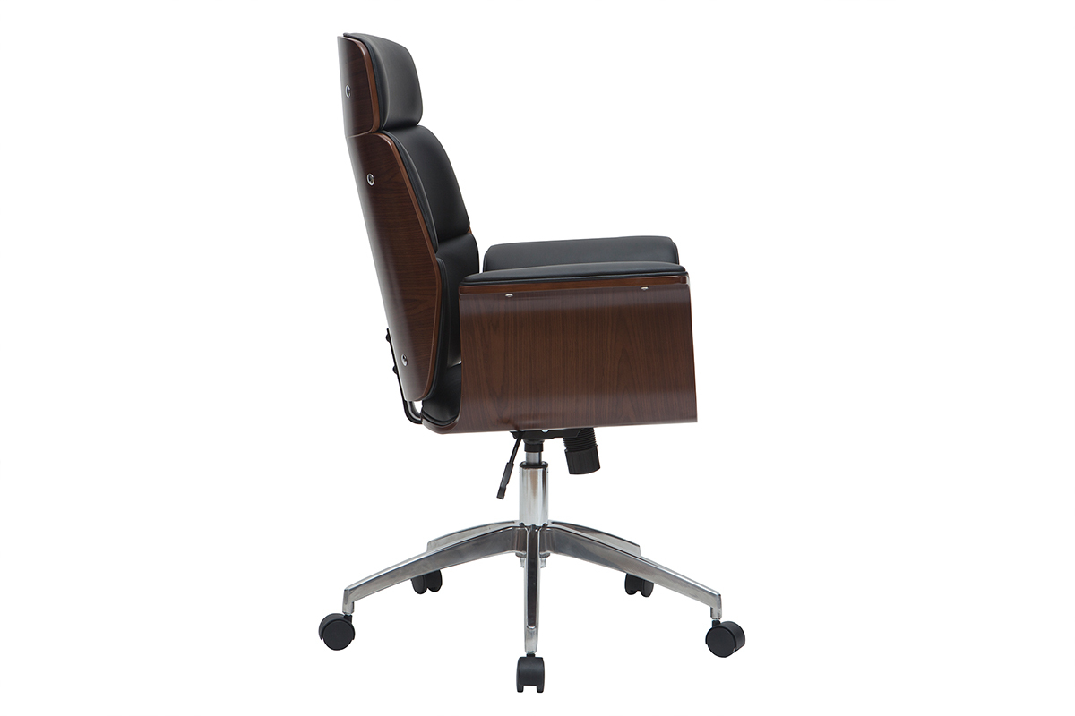 Fauteuil de bureau  roulettes design noir, bois fonc noyer et acier chrom ELON