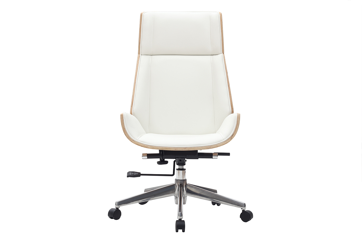 Fauteuil de bureau de direction design blanc, bois clair et acier chrom CURVED