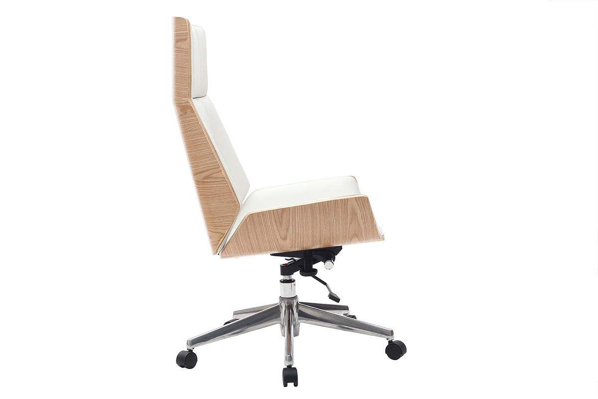 Fauteuil de bureau de direction design blanc, bois clair et acier chrom CURVED