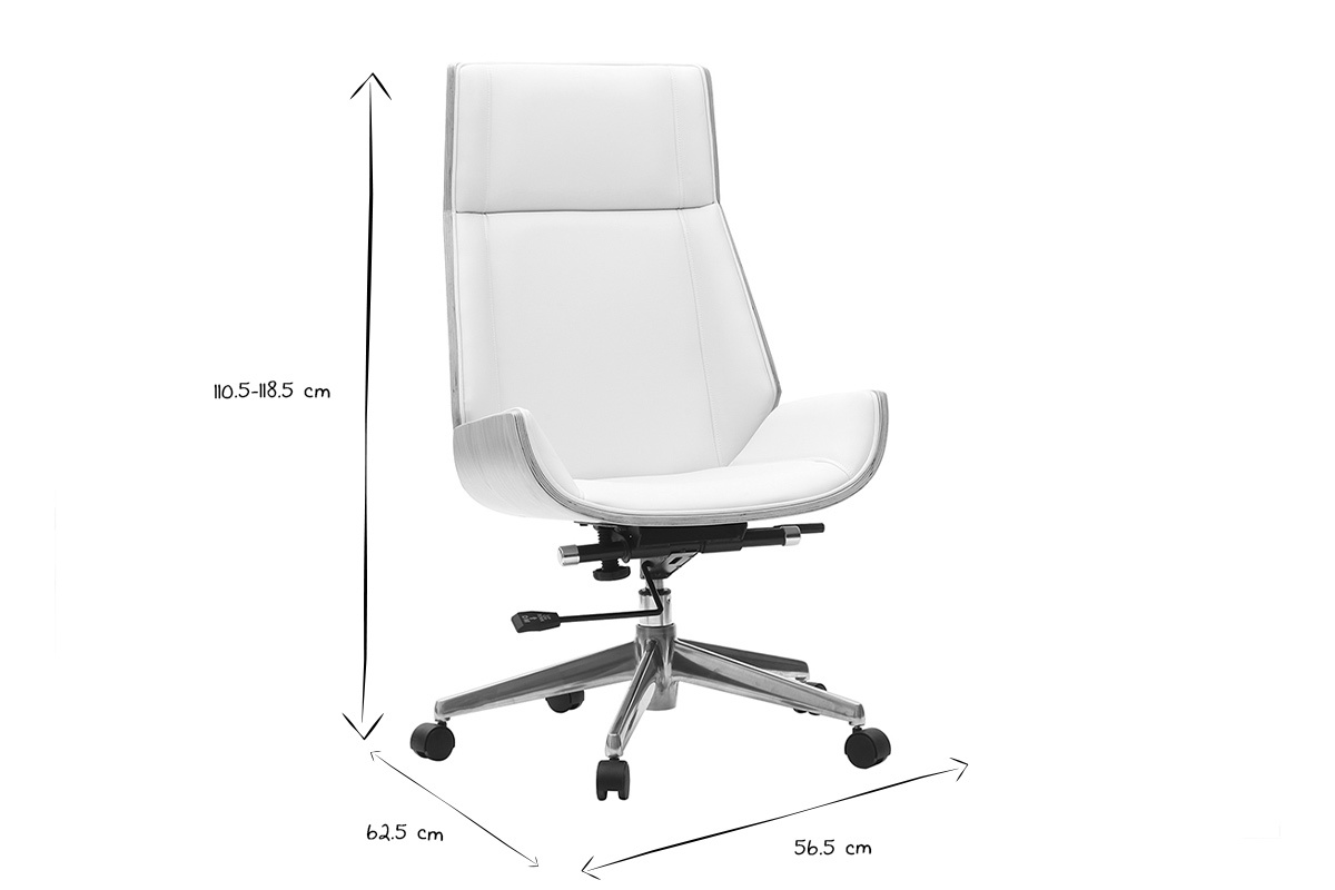 Fauteuil de bureau de direction design blanc, bois clair et acier chrom CURVED