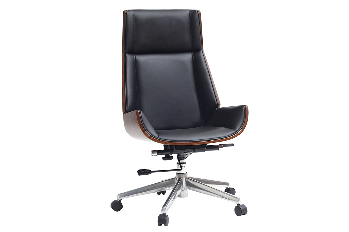 Fauteuil de bureau de direction design noir, bois fonc noyer et acier chrom CURVED