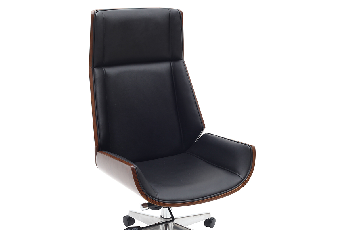 Fauteuil de bureau de direction design noir, bois fonc noyer et acier chrom CURVED