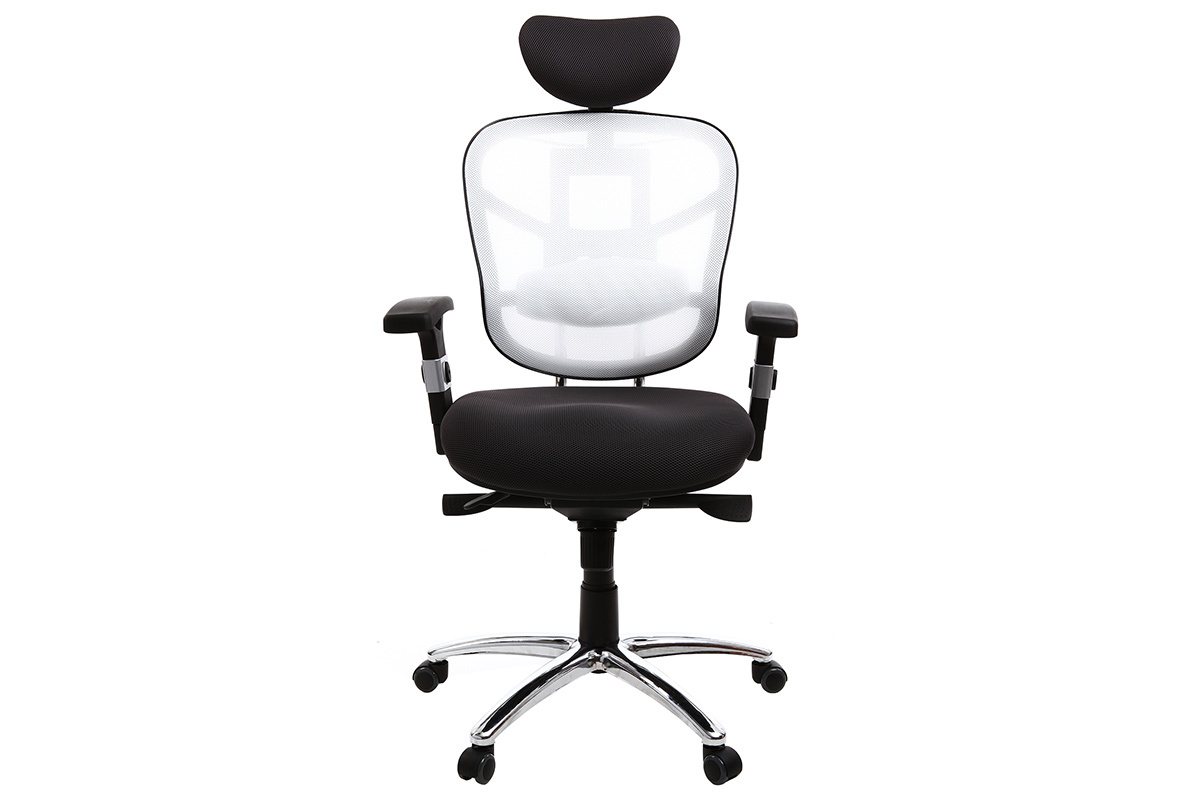 Fauteuil de bureau ergonomique noir avec dossier blanc et pieds chroms UP TO YOU