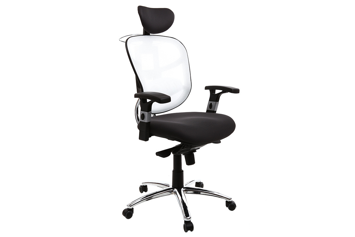 Fauteuil de bureau ergonomique noir avec dossier blanc et pieds chroms UP TO YOU