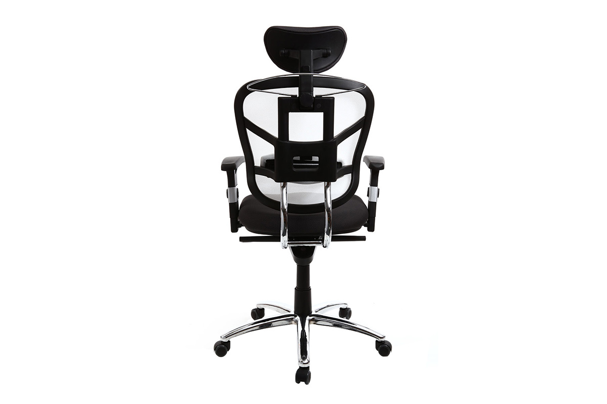 Fauteuil de bureau ergonomique noir avec dossier blanc et pieds chroms UP TO YOU