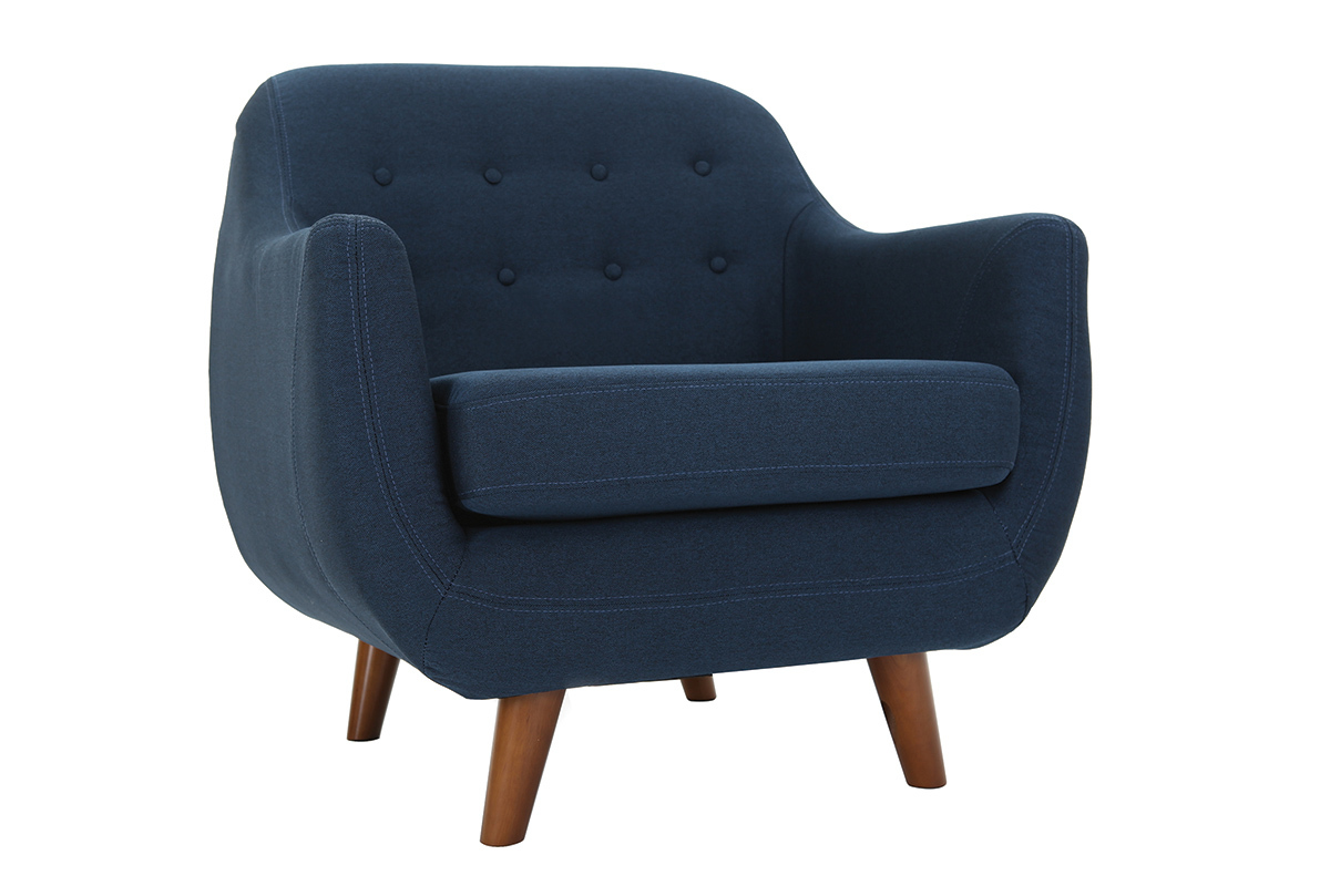 Fauteuil dhoussable en tissu bleu fonc et bois fonc YNOK