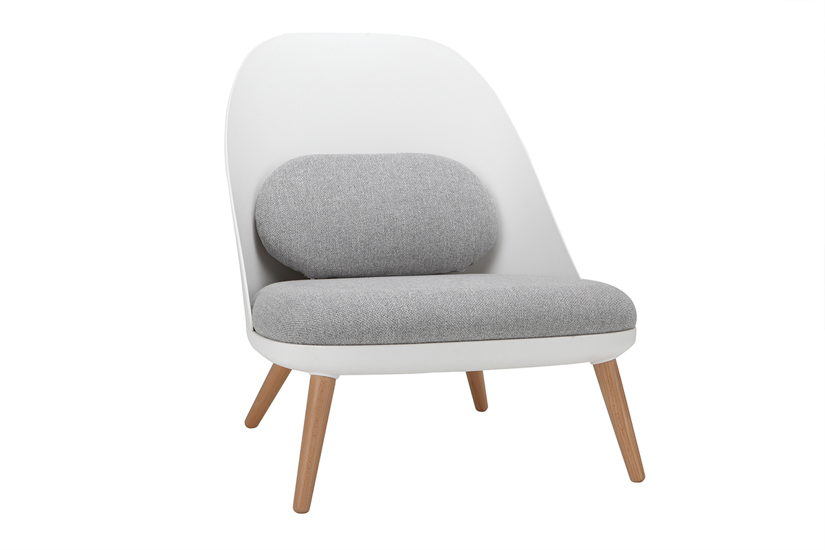 Fauteuil design blanc avec coussins en tissu et pieds bois clair LEAF