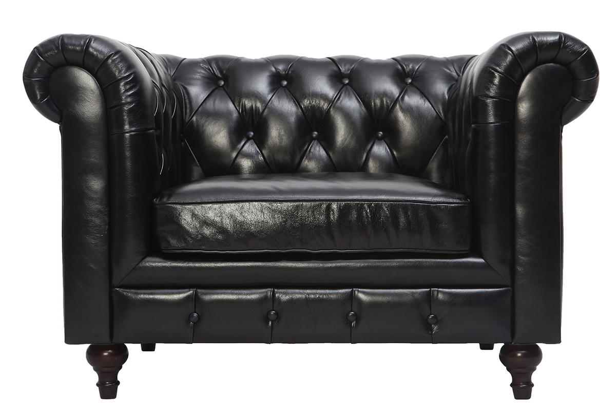 Fauteuil design cuir noir CHESTERFIELD - cuir de buffle