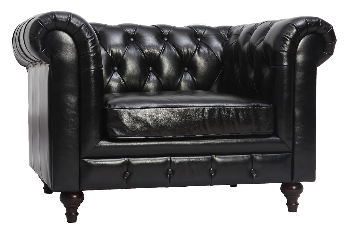 Fauteuil design cuir noir CHESTERFIELD - cuir de buffle