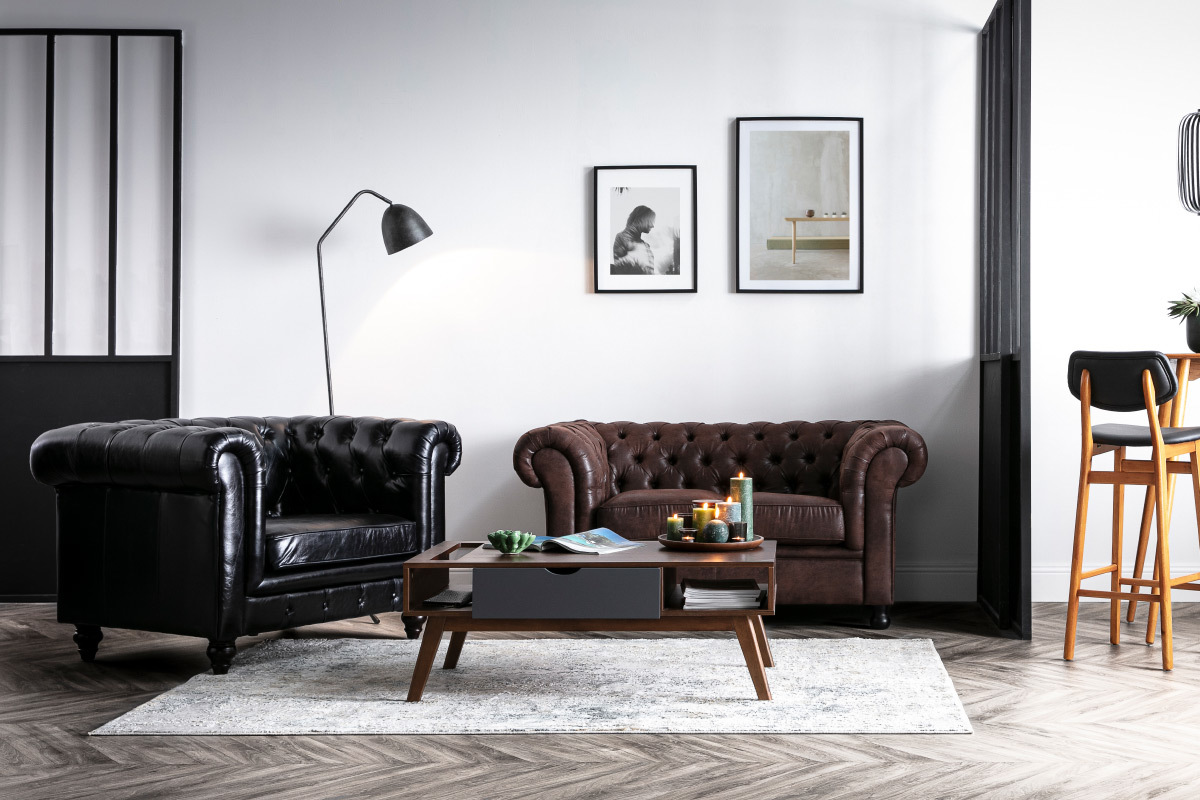 Fauteuil design cuir noir CHESTERFIELD - cuir de buffle