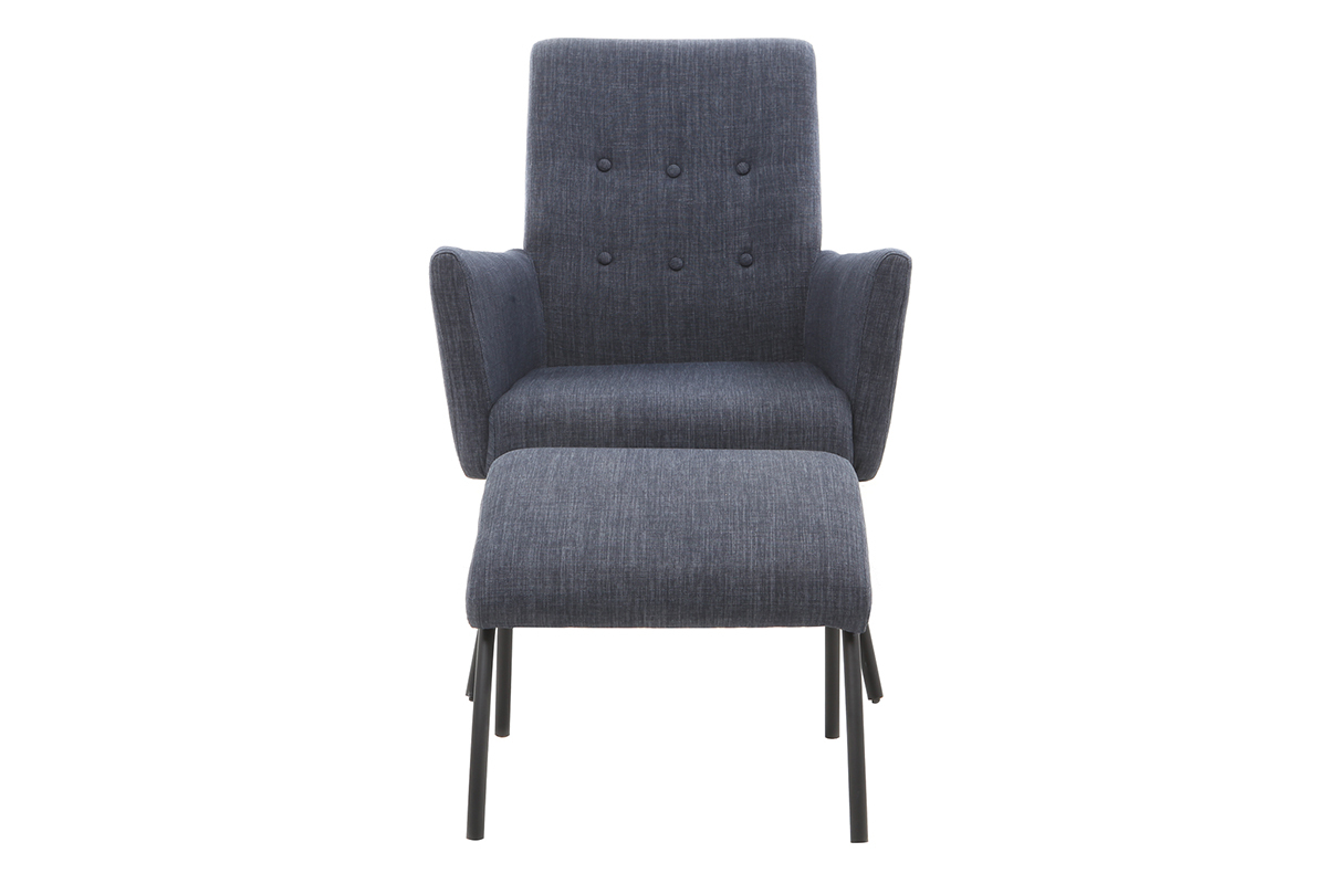 Fauteuil design en tissu bleu jean avec repose-pieds ULYSSE