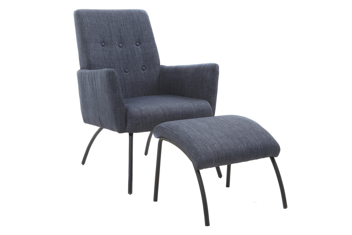 Fauteuil design en tissu bleu jean avec repose-pieds ULYSSE