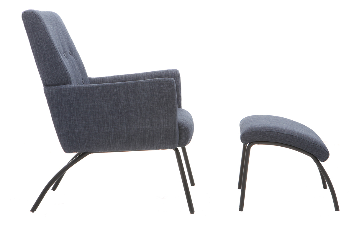 Fauteuil design en tissu bleu jean avec repose-pieds ULYSSE