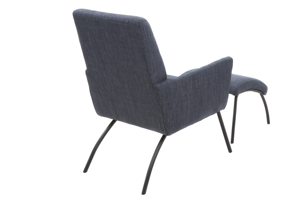 Fauteuil design en tissu bleu jean avec repose-pieds ULYSSE