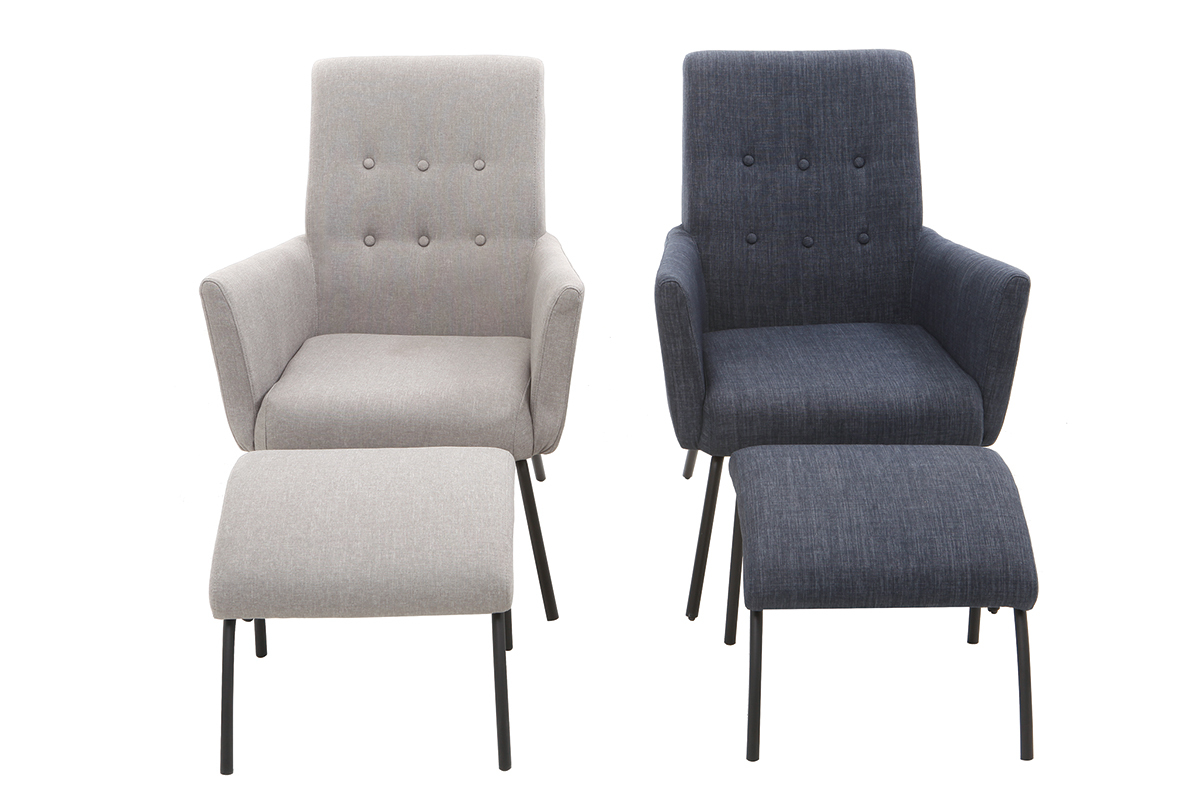 Fauteuil design en tissu bleu jean avec repose-pieds ULYSSE