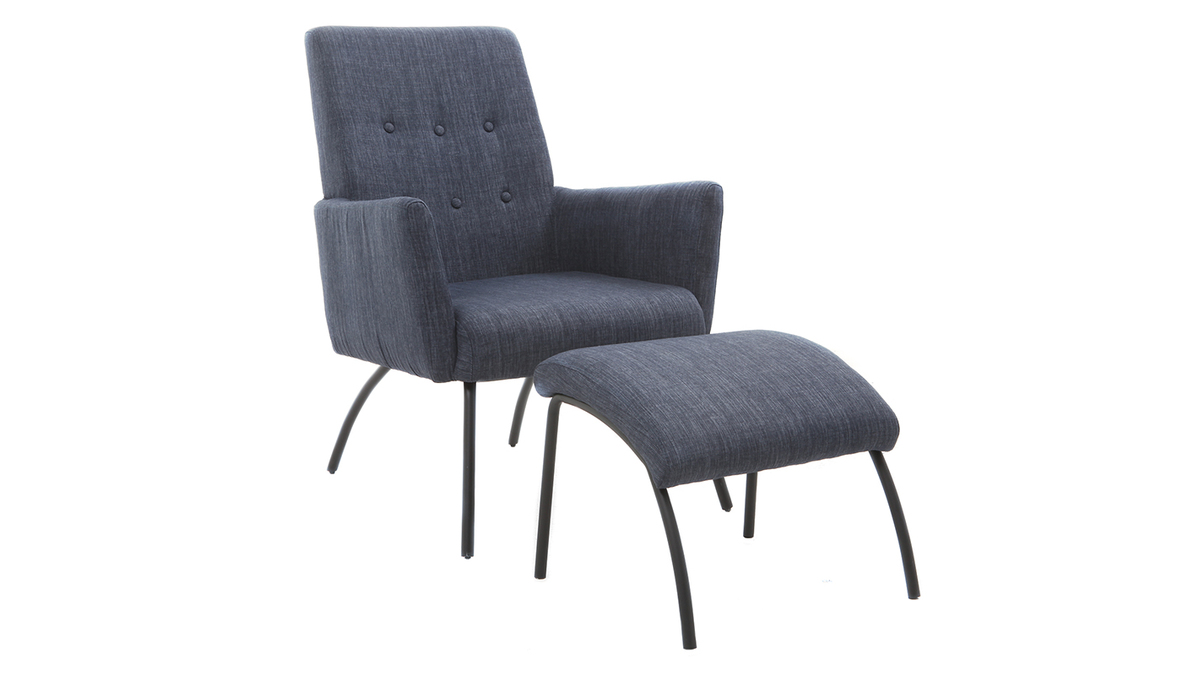 Fauteuil design en tissu bleu jean avec repose-pieds ULYSSE