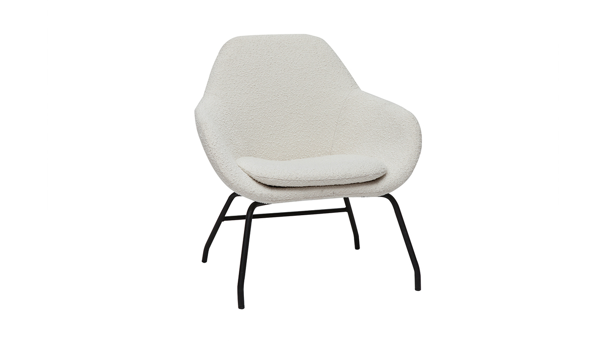 Fauteuil design en tissu effet laine boucle blanc cass et mtal noir MAYNE